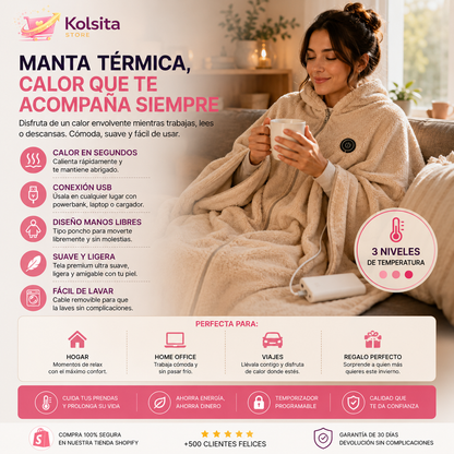 ThermaWrap™ Pro - Manta Térmica Inteligente USB - Calor cómodo y envolvente donde más lo necesitas