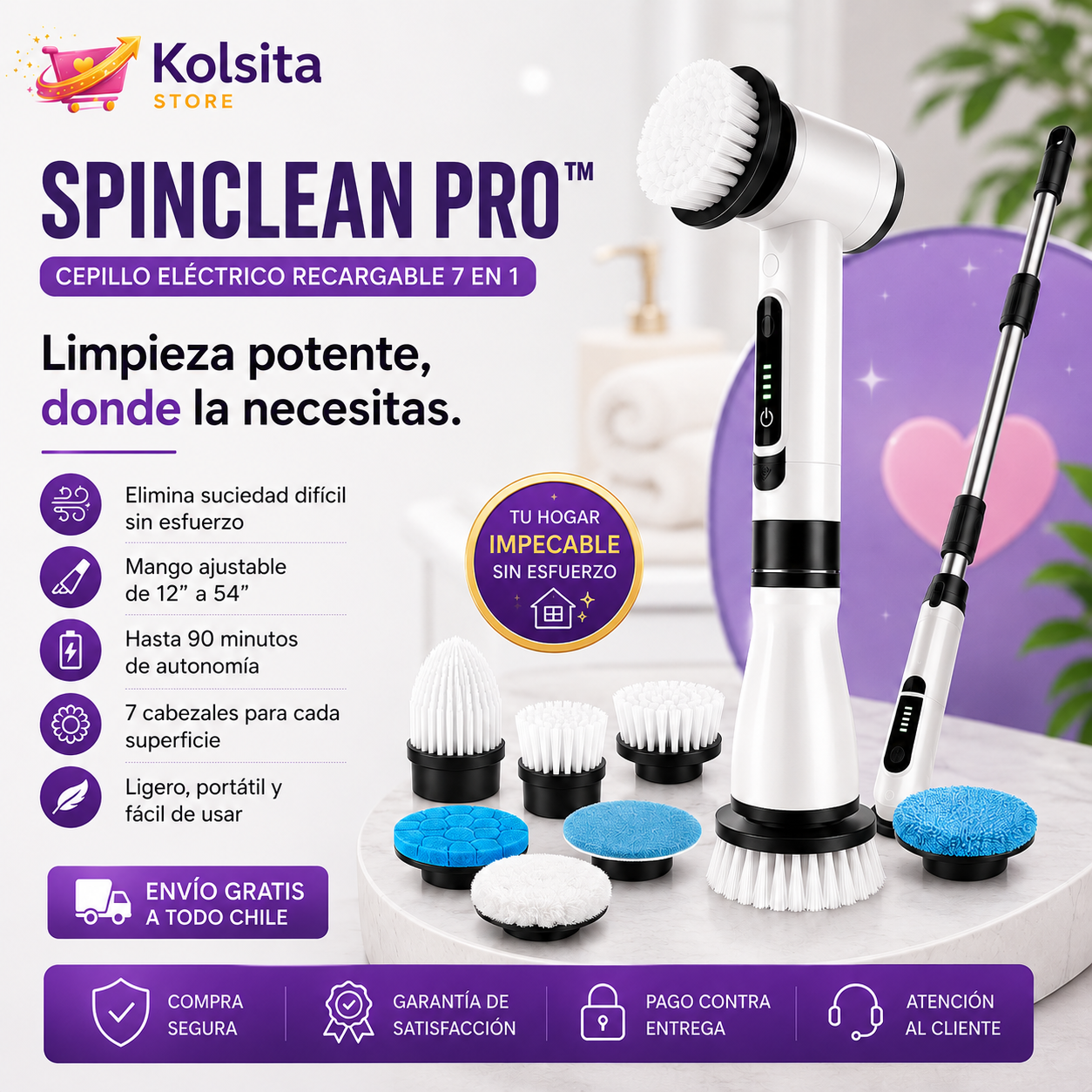 SPINCLEAN PRO™ - Cepillo Eléctrico Recargable de Limpieza 7 en 1 - La forma más fácil de tener la casa impecable