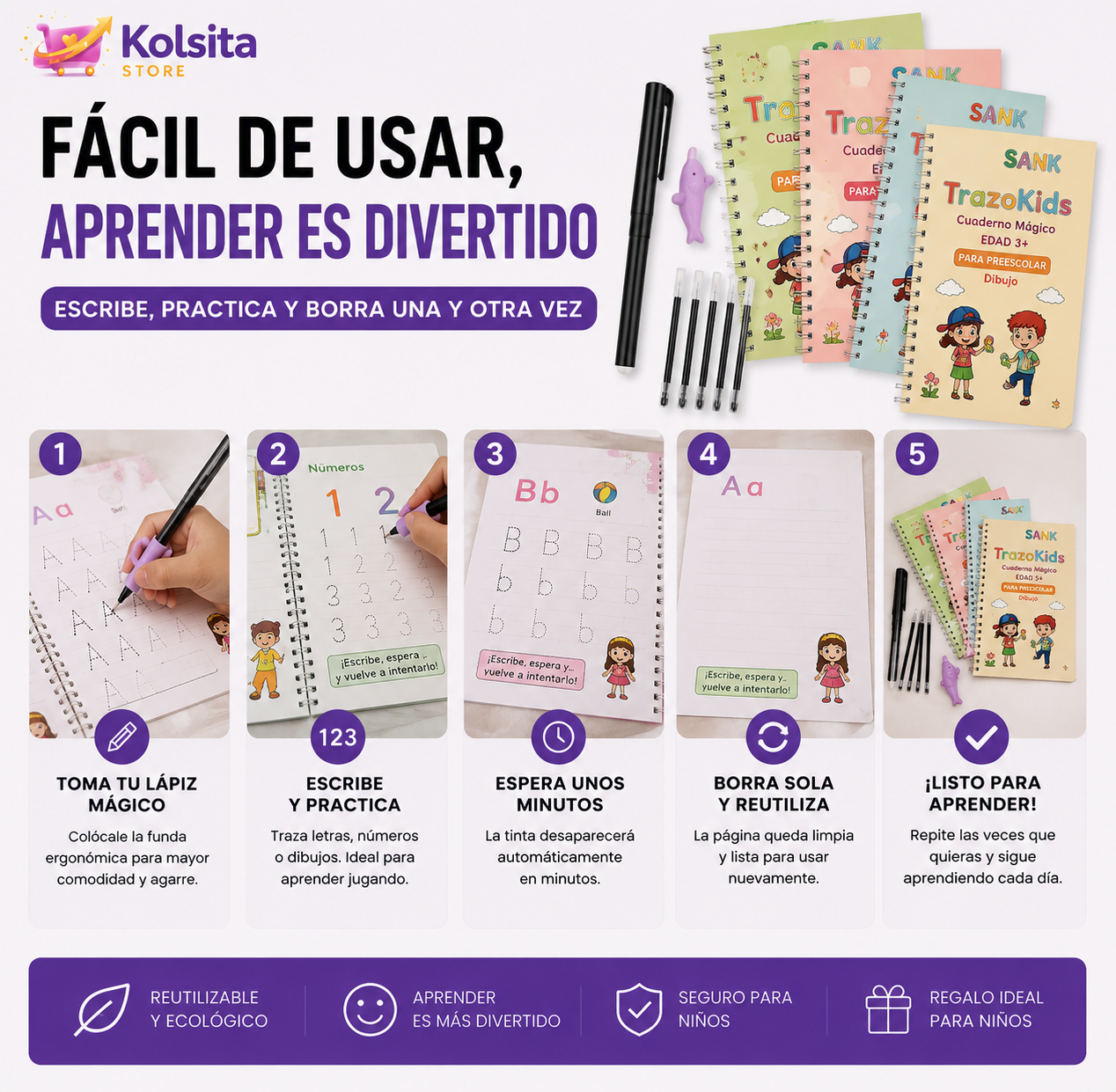 TrazoKids™ – Kit Inteligente de Escritura Reutilizable 4 en 1