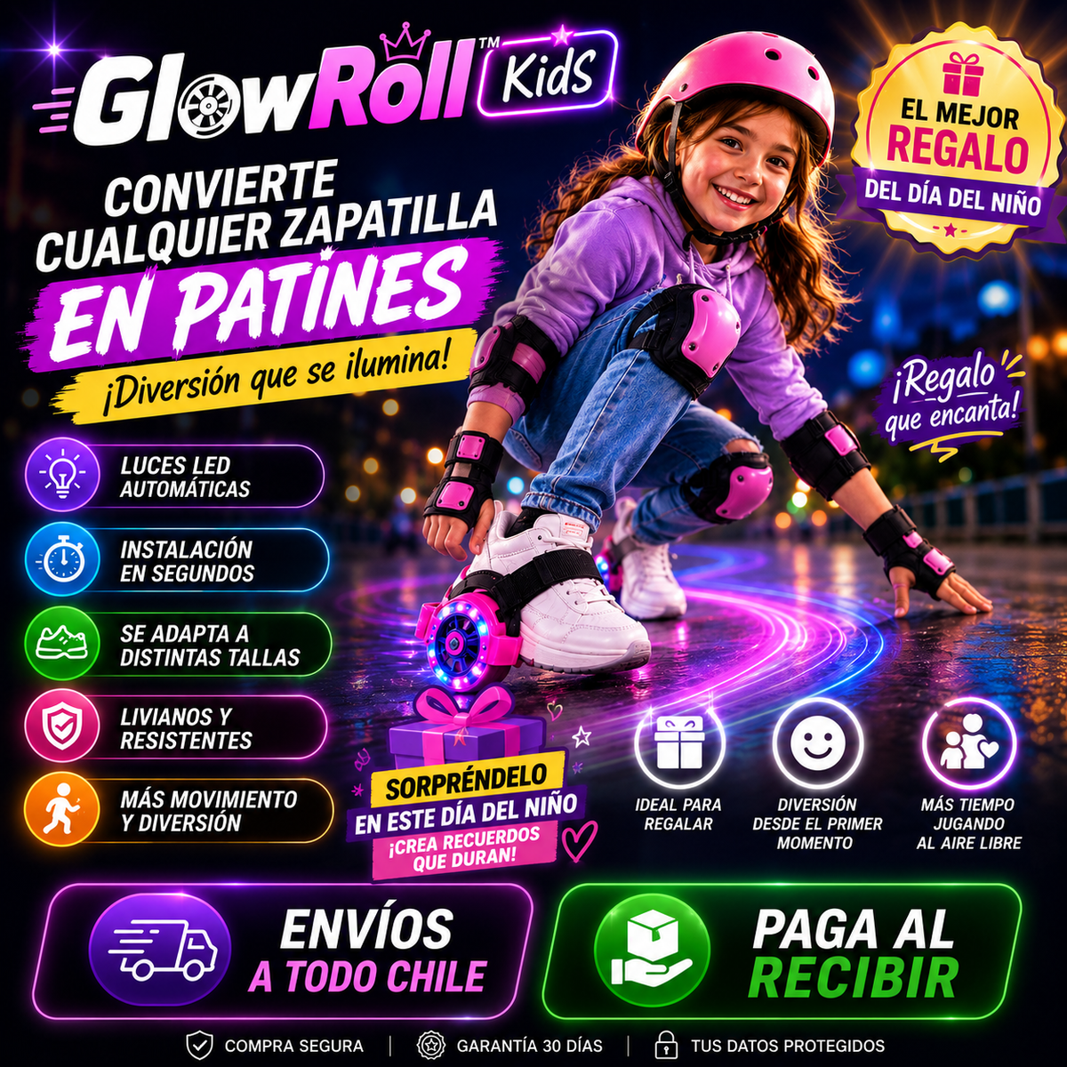 GlowRoll™ Kids – Patines LED Ajustables para Zapatillas - Haz que quiera salir a jugar otra vez