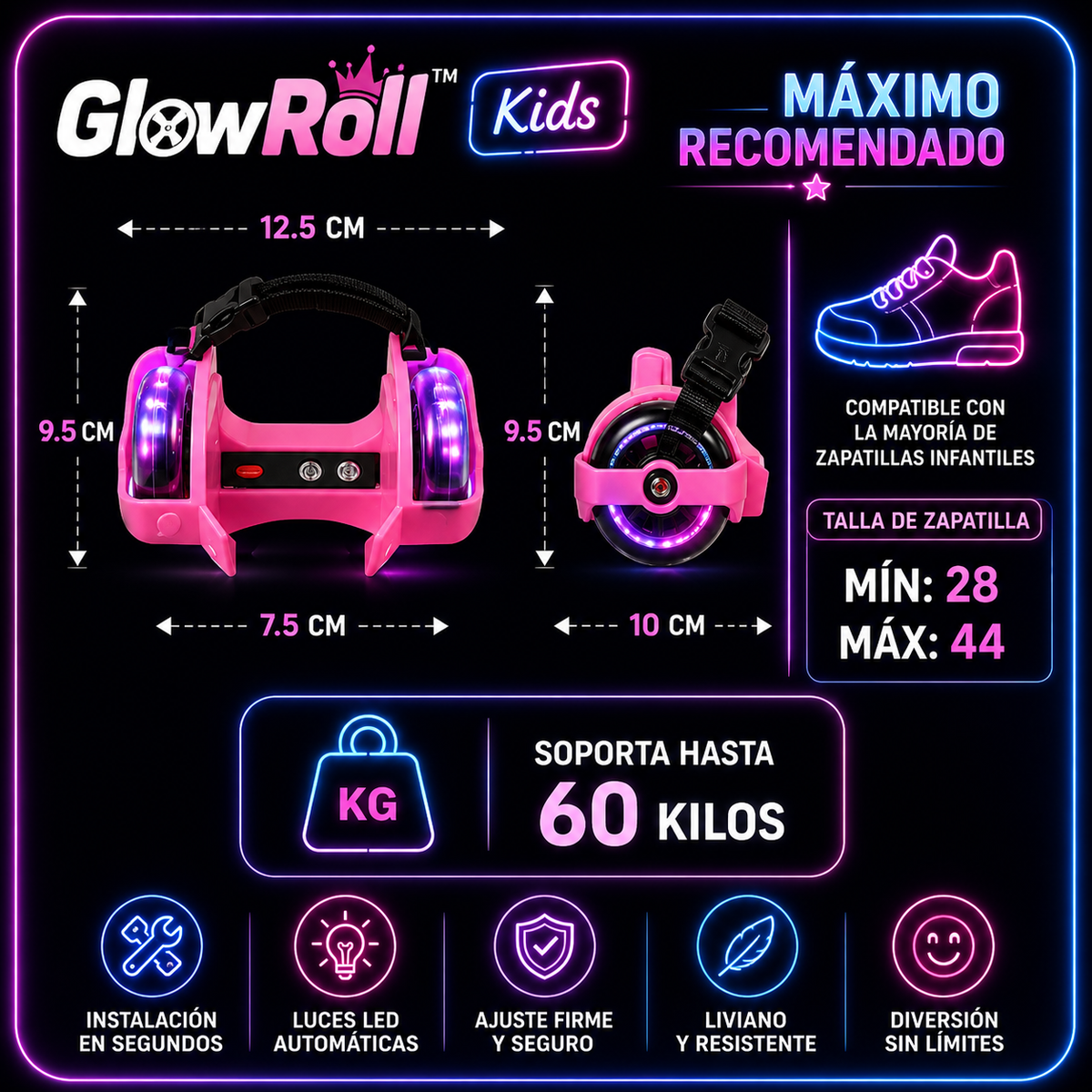 GlowRoll™ Kids – Patines LED Ajustables para Zapatillas - Haz que quiera salir a jugar otra vez