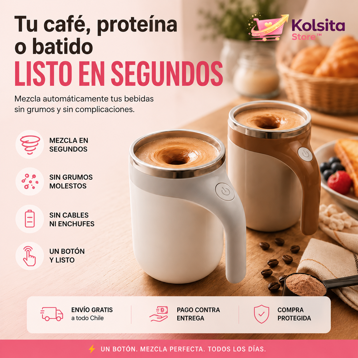 MixMug Pro™ - Taza Revolvedora Automática Recargable - Mezcla en segundos, sin cucharas ni grumos.