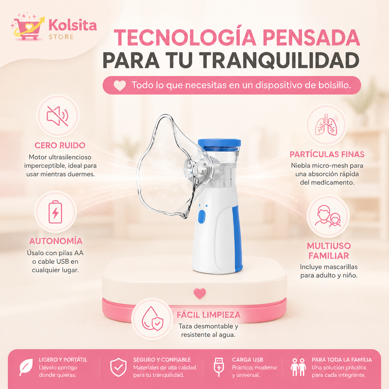 RespiraGo™ Portable Mesh - Alivio respiratorio sin cables, sin ruido y sin complicaciones.