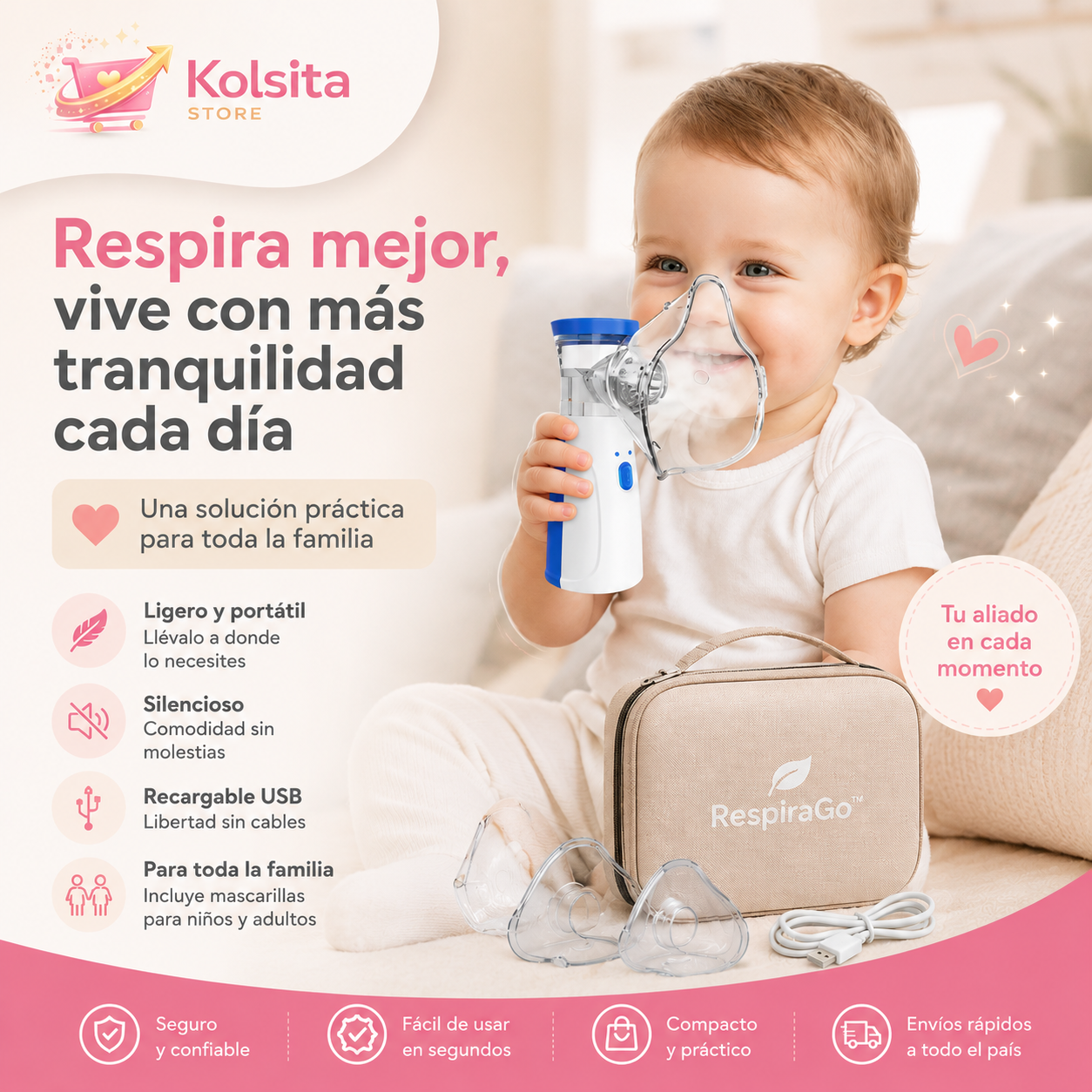 RespiraGo™ Portable Mesh - Alivio respiratorio sin cables, sin ruido y sin complicaciones.