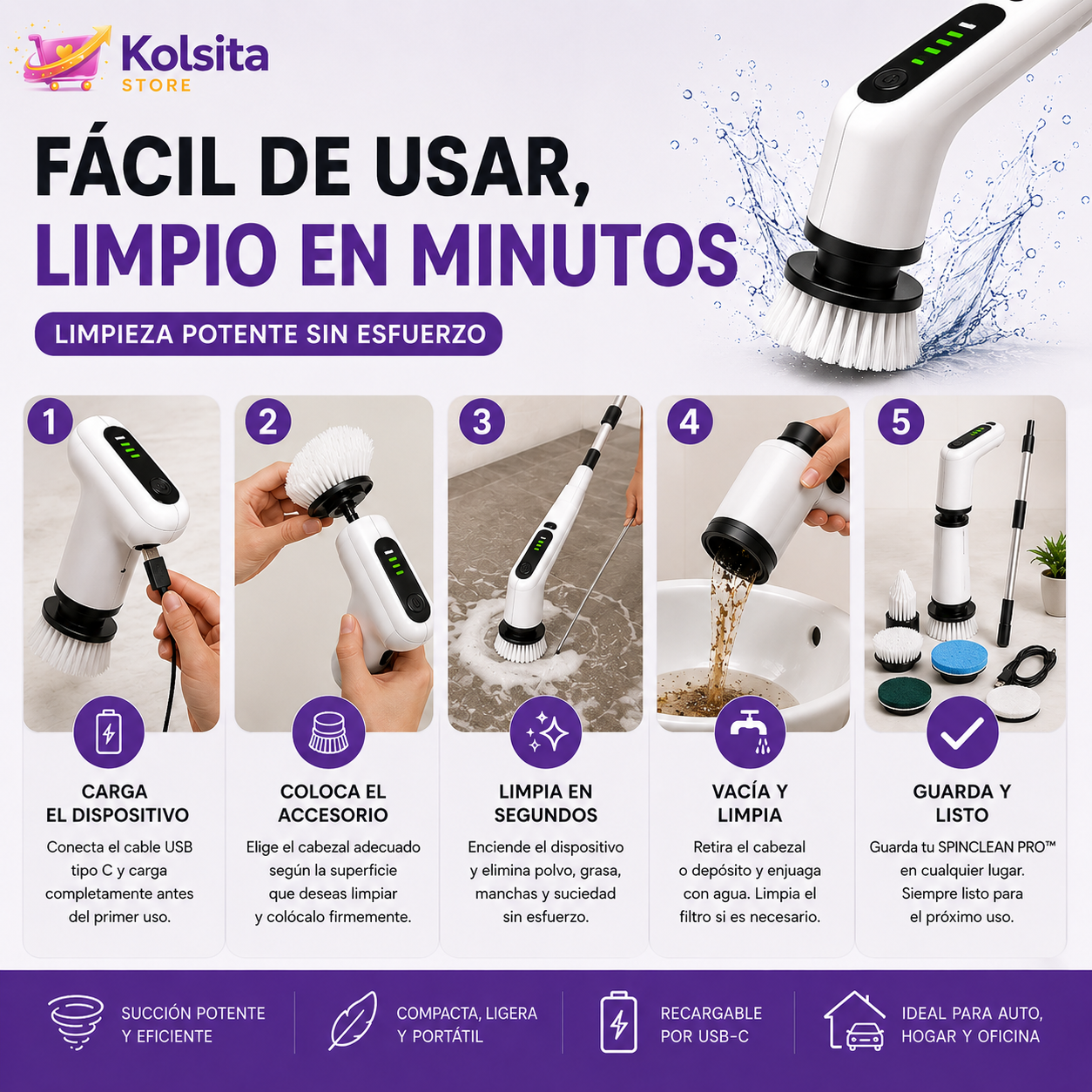 SPINCLEAN PRO™ - Cepillo Eléctrico Recargable de Limpieza 7 en 1 - La forma más fácil de tener la casa impecable